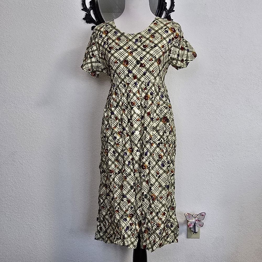 Vintage Checkered Floral Midi Dress